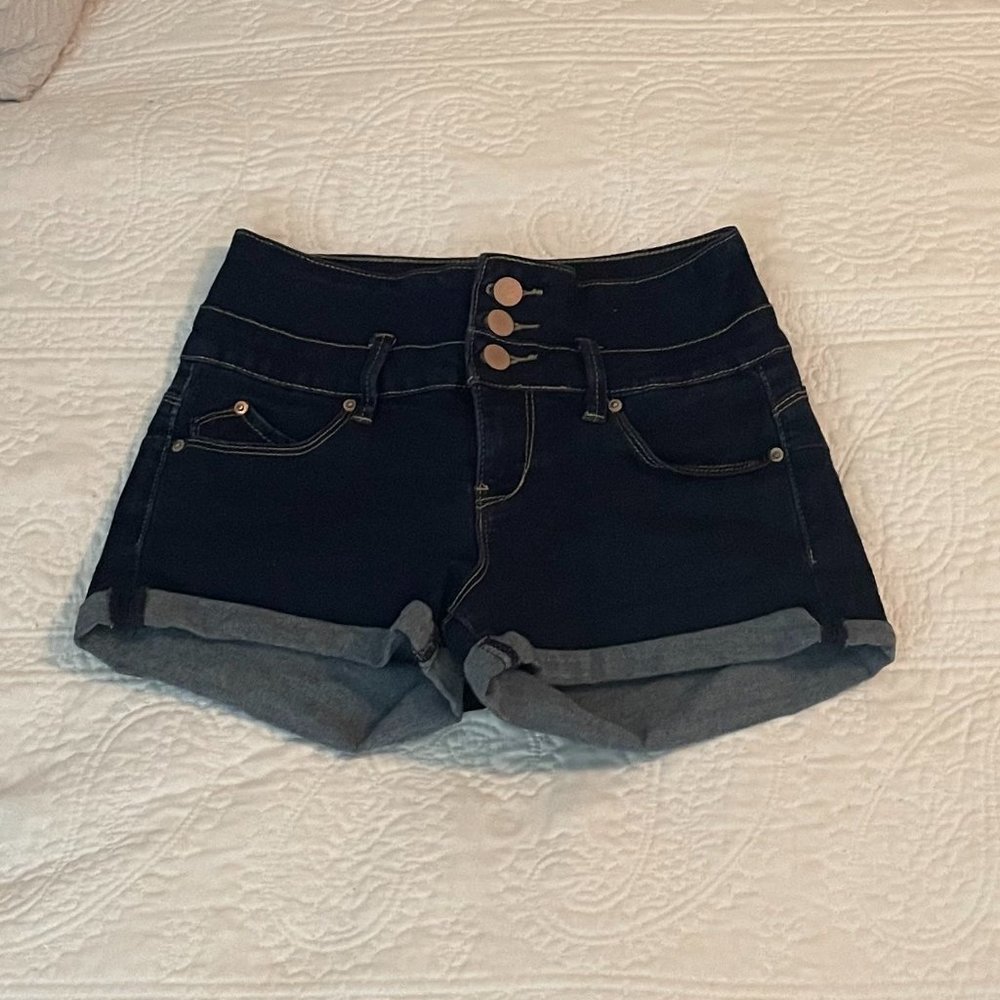Juniors Dark Wash High-Waist Denim Shorts